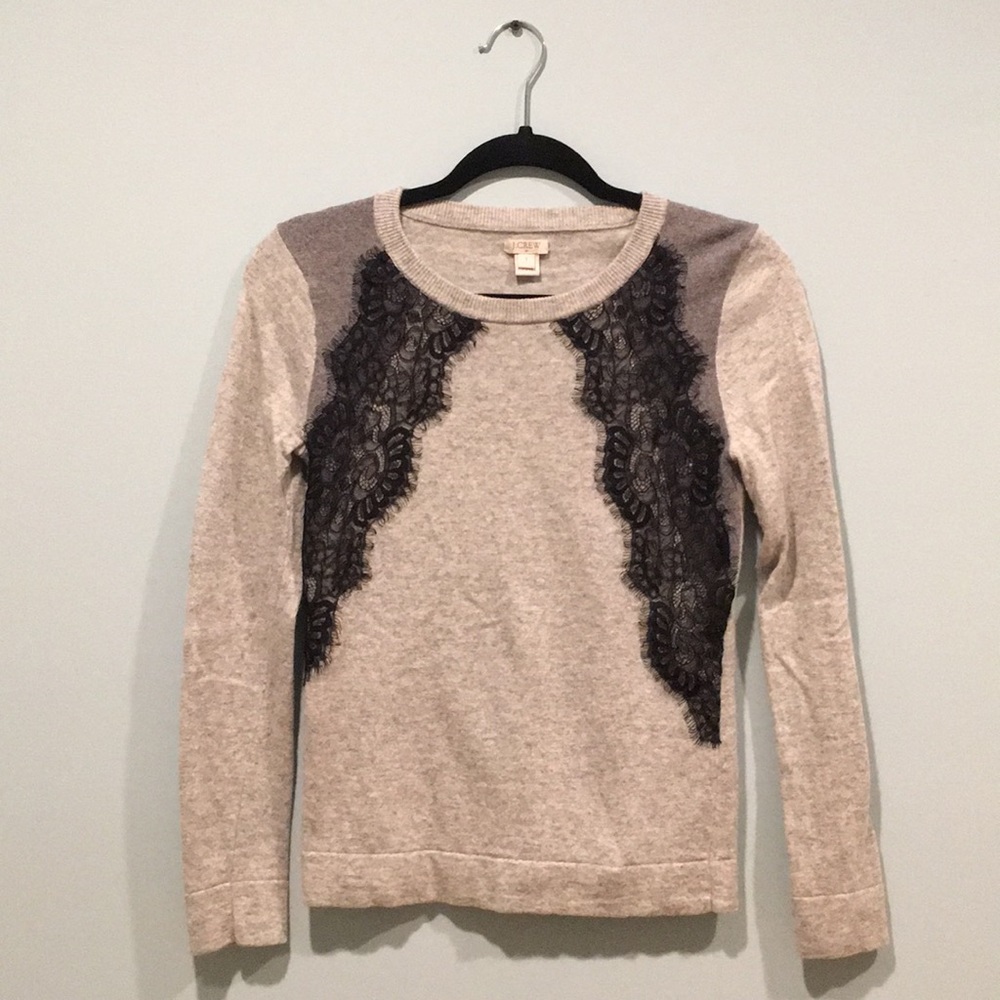 Grey J Crew sweater with black lace detail